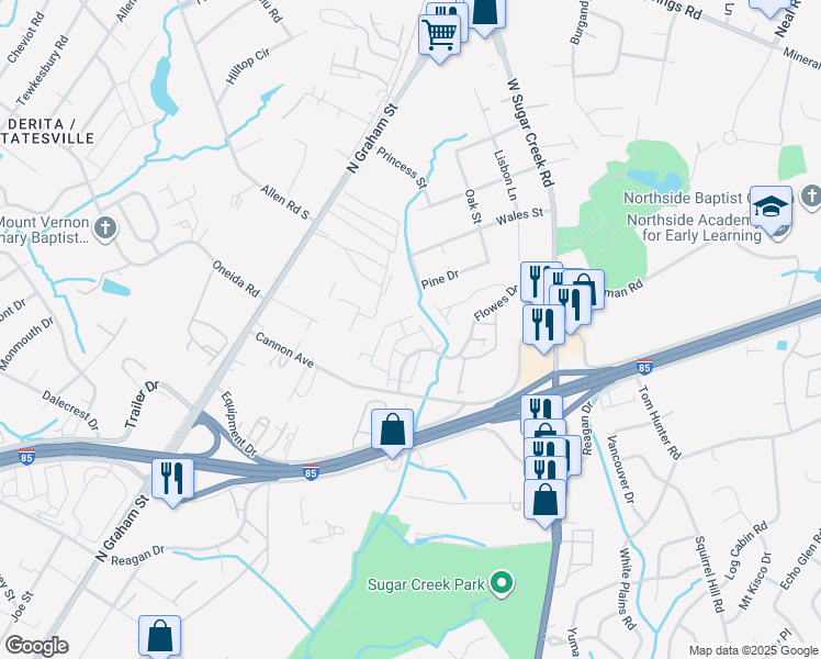 map of restaurants, bars, coffee shops, grocery stores, and more near 5200 Pine Drive in Charlotte