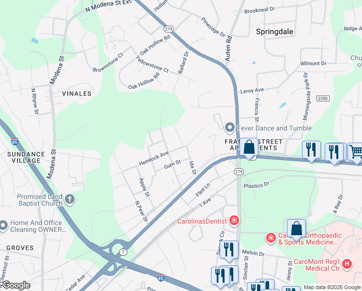 map of restaurants, bars, coffee shops, grocery stores, and more near 1912 Hemlock Avenue in Gastonia