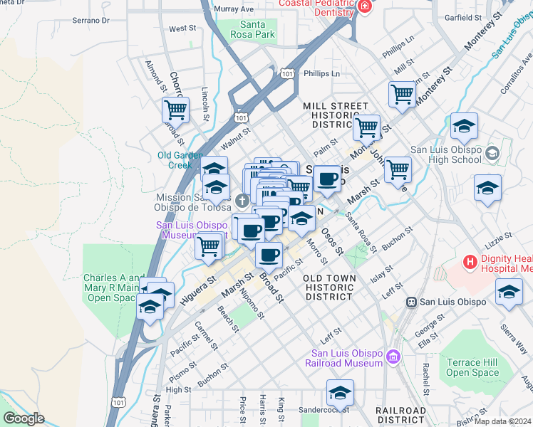 map of restaurants, bars, coffee shops, grocery stores, and more near 848 Monterey Street in San Luis Obispo