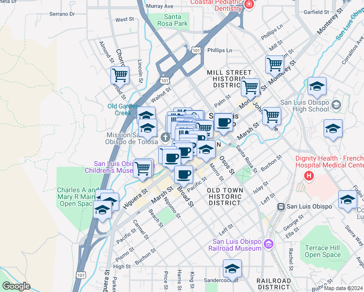 map of restaurants, bars, coffee shops, grocery stores, and more near 848 Monterey Street in San Luis Obispo