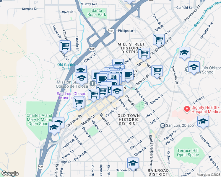 map of restaurants, bars, coffee shops, grocery stores, and more near 900 Higuera Street in San Luis Obispo