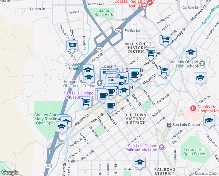 map of restaurants, bars, coffee shops, grocery stores, and more near 955 Morro Street in San Luis Obispo