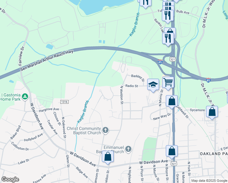 map of restaurants, bars, coffee shops, grocery stores, and more near 1322 Sims Circle in Gastonia