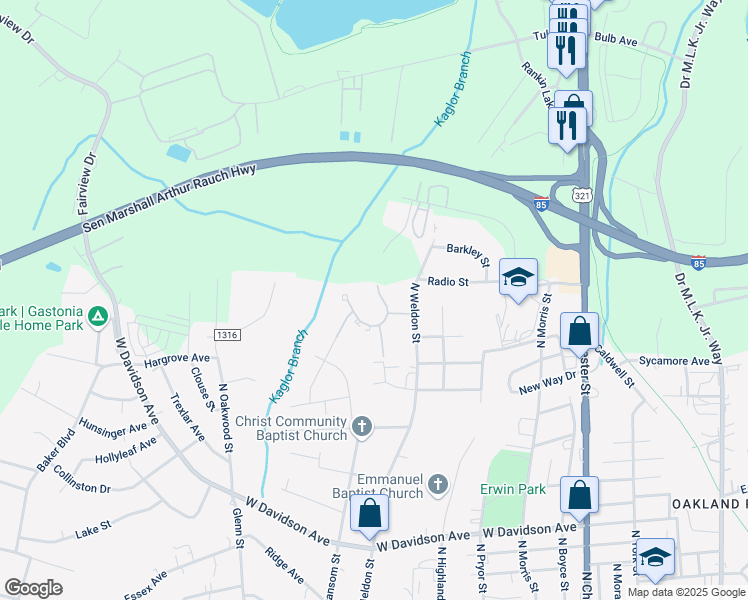 map of restaurants, bars, coffee shops, grocery stores, and more near 1322 Sims Circle in Gastonia