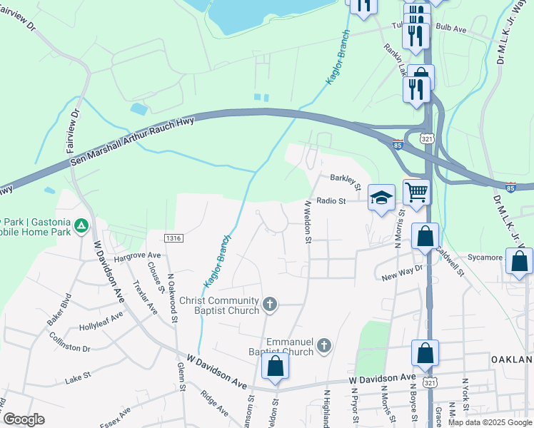 map of restaurants, bars, coffee shops, grocery stores, and more near 1124 Sims Circle in Gastonia