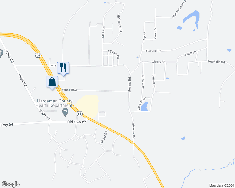 map of restaurants, bars, coffee shops, grocery stores, and more near 102 Hines Boulevard in Bolivar