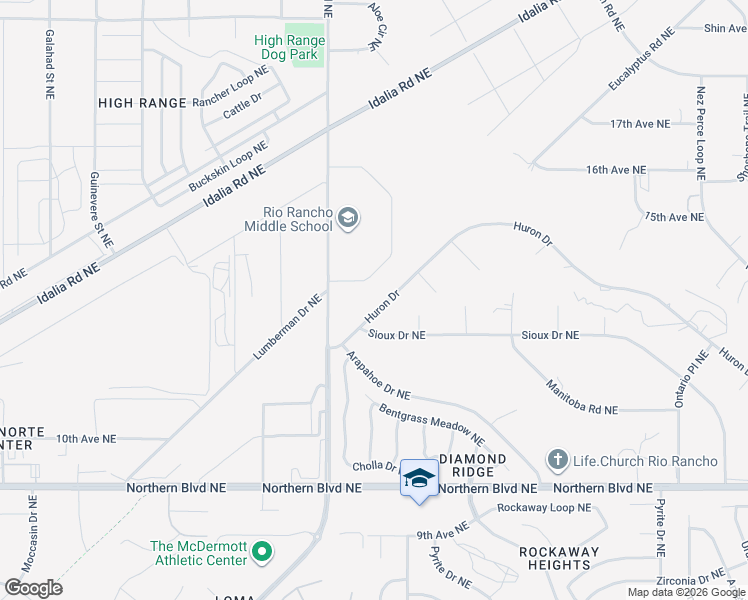 map of restaurants, bars, coffee shops, grocery stores, and more near 4105 Huron Drive in Rio Rancho