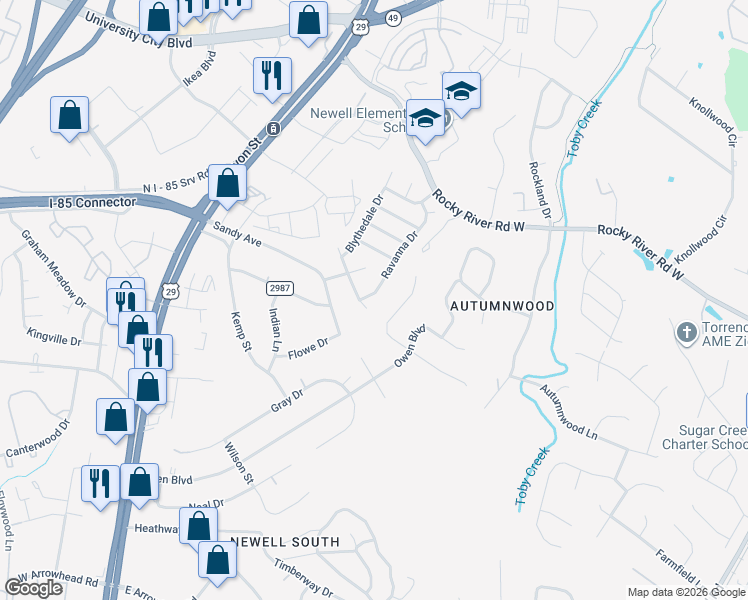 map of restaurants, bars, coffee shops, grocery stores, and more near 6644 Pattonsburg Drive in Charlotte