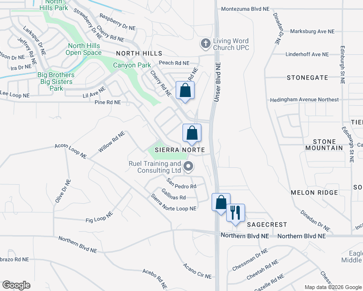 map of restaurants, bars, coffee shops, grocery stores, and more near 1312 Penasco Road Northeast in Rio Rancho
