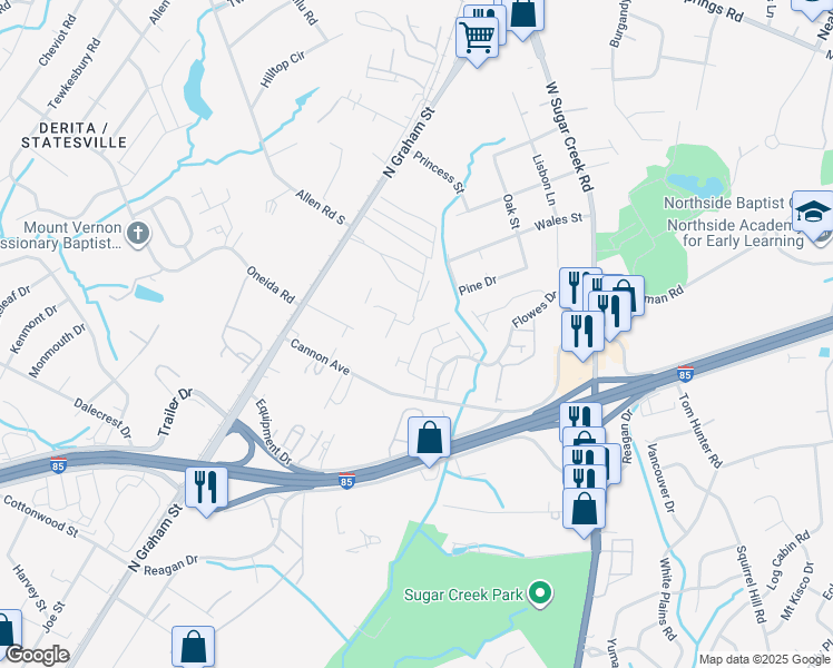 map of restaurants, bars, coffee shops, grocery stores, and more near 5200 North Graham Street in Charlotte