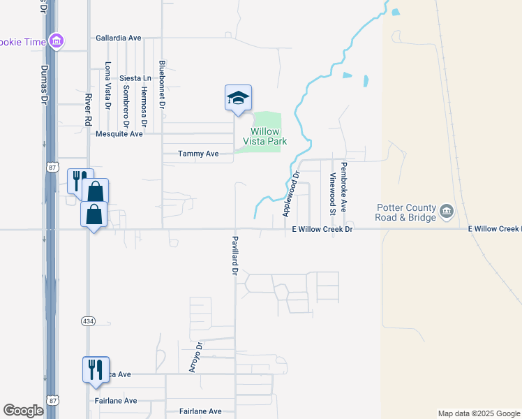 map of restaurants, bars, coffee shops, grocery stores, and more near 519 East Willow Creek Drive in Amarillo