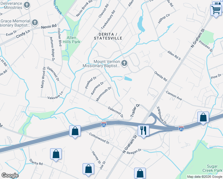 map of restaurants, bars, coffee shops, grocery stores, and more near 2830 Cedarhurst Drive in Charlotte