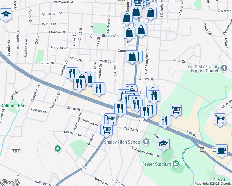 map of restaurants, bars, coffee shops, grocery stores, and more near 714 South Morgan Street in Shelby