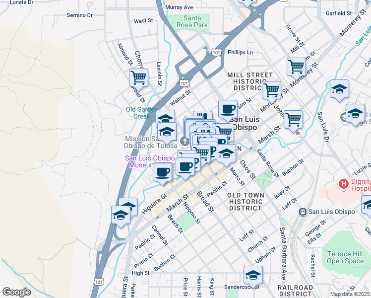 map of restaurants, bars, coffee shops, grocery stores, and more near 751 Palm Street in San Luis Obispo