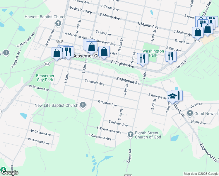 map of restaurants, bars, coffee shops, grocery stores, and more near 402 South 10th Street in Bessemer City