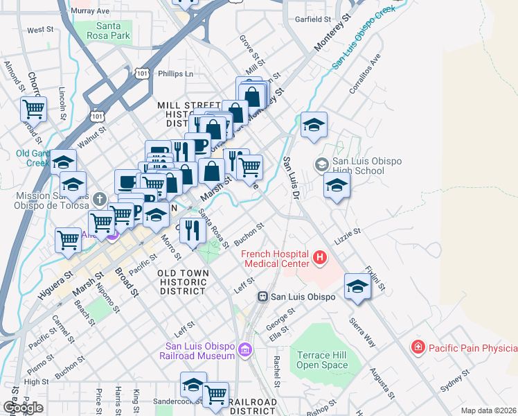 map of restaurants, bars, coffee shops, grocery stores, and more near 1321 Johnson Avenue in San Luis Obispo