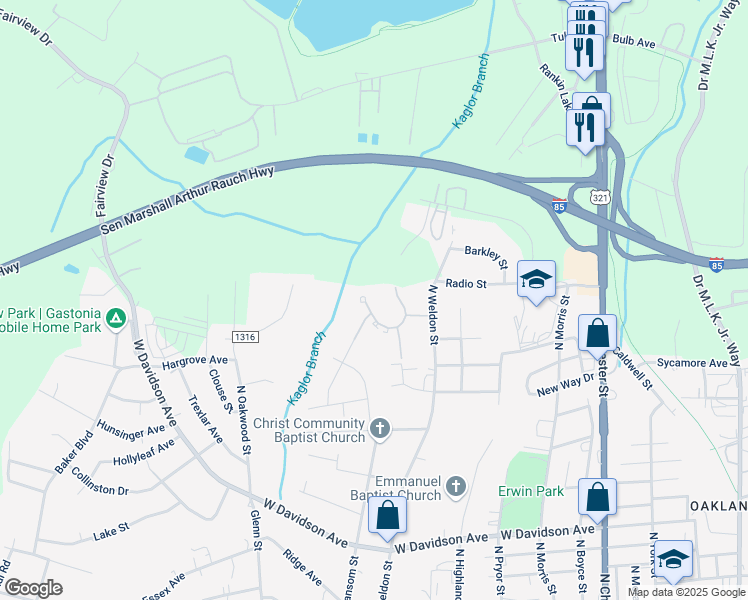 map of restaurants, bars, coffee shops, grocery stores, and more near 1322 Sims Circle in Gastonia