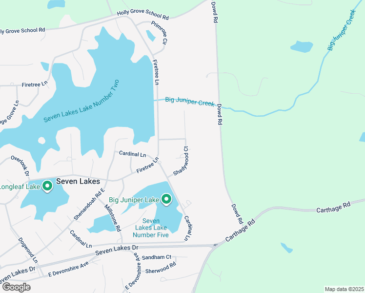 map of restaurants, bars, coffee shops, grocery stores, and more near 125 Shadywood Court in Seven Lakes