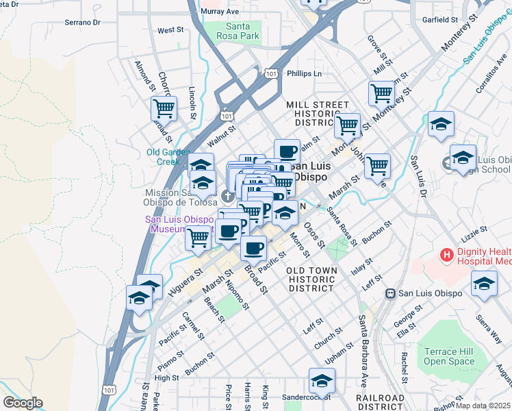 map of restaurants, bars, coffee shops, grocery stores, and more near 955 Morro Street in San Luis Obispo