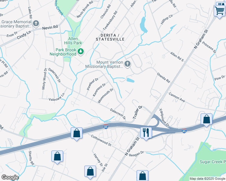 map of restaurants, bars, coffee shops, grocery stores, and more near 2830 Cedarhurst Drive in Charlotte