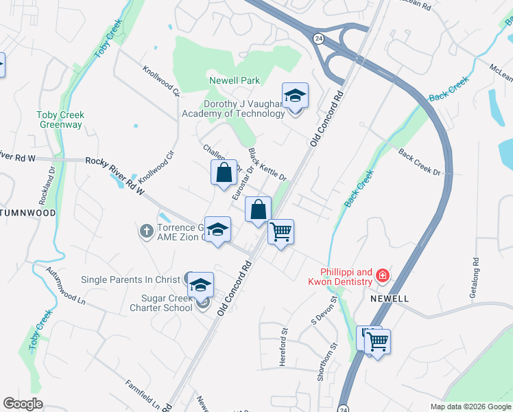 map of restaurants, bars, coffee shops, grocery stores, and more near 8238 Shinkansen Drive in Charlotte