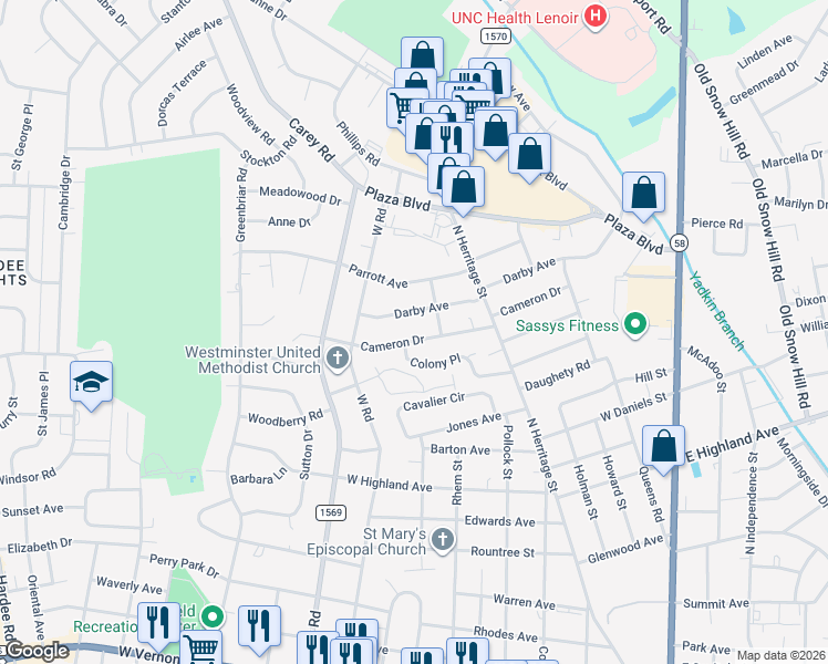 map of restaurants, bars, coffee shops, grocery stores, and more near 802 Darby Avenue in Kinston