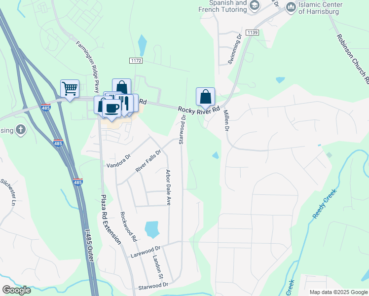 map of restaurants, bars, coffee shops, grocery stores, and more near 9813 Starwood Drive in Charlotte