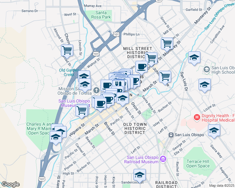 map of restaurants, bars, coffee shops, grocery stores, and more near 900 Higuera Street in San Luis Obispo
