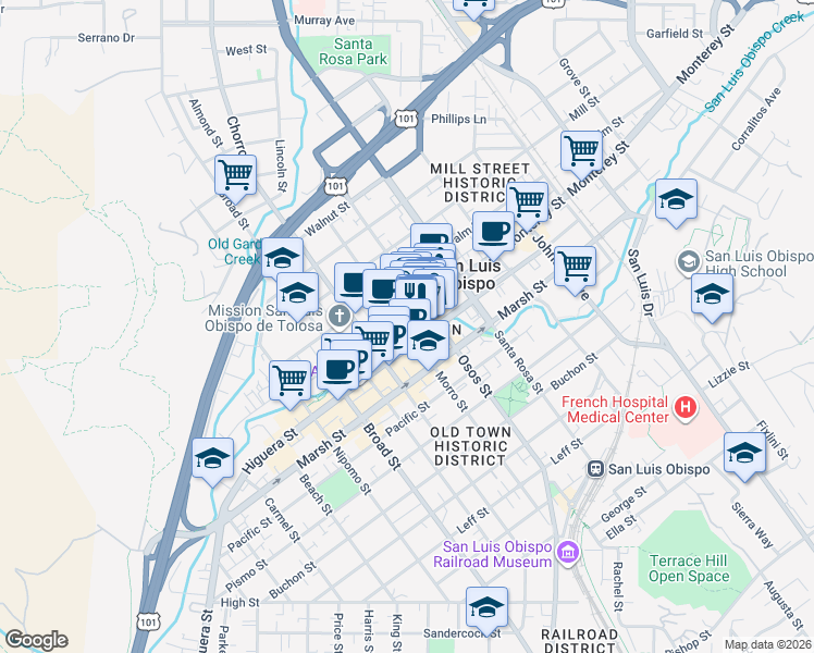 map of restaurants, bars, coffee shops, grocery stores, and more near in San Luis Obispo