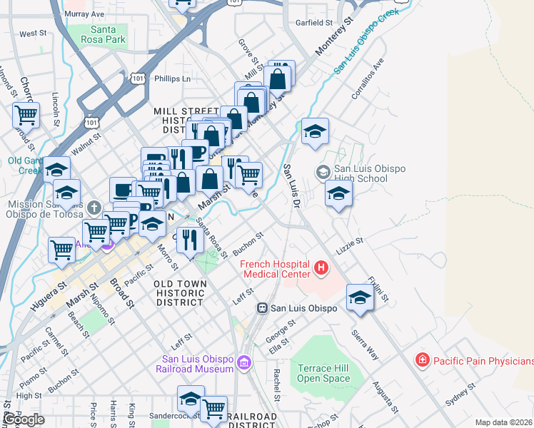 map of restaurants, bars, coffee shops, grocery stores, and more near 1309 Pismo Street in San Luis Obispo