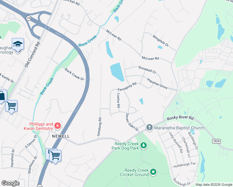 map of restaurants, bars, coffee shops, grocery stores, and more near 9702 Fernspray Road in Charlotte