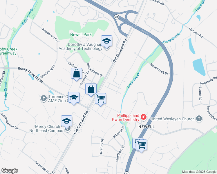 map of restaurants, bars, coffee shops, grocery stores, and more near 8401 University East Drive in Charlotte