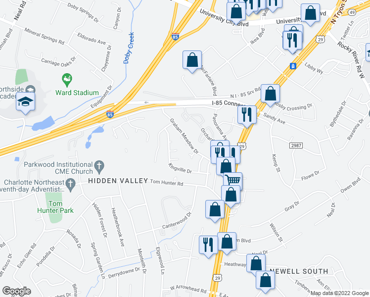 map of restaurants, bars, coffee shops, grocery stores, and more near 2310 Pesca Lane in Charlotte
