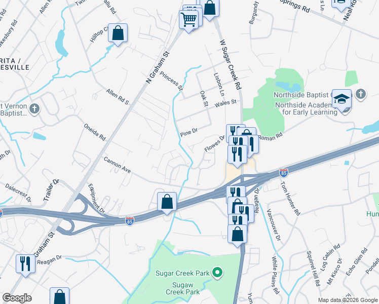 map of restaurants, bars, coffee shops, grocery stores, and more near 5230 Pine Drive in Charlotte