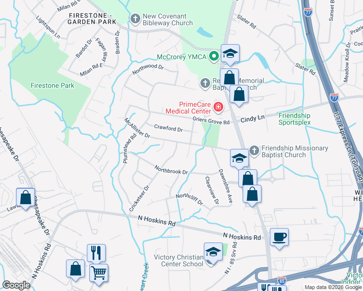 map of restaurants, bars, coffee shops, grocery stores, and more near 1715 McAllister Drive in Charlotte