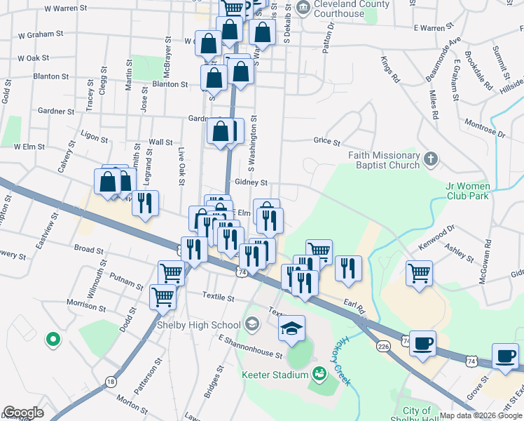 map of restaurants, bars, coffee shops, grocery stores, and more near 712 Parkview Street in Shelby
