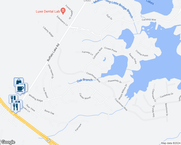 map of restaurants, bars, coffee shops, grocery stores, and more near 457 Coachman Way in Sanford