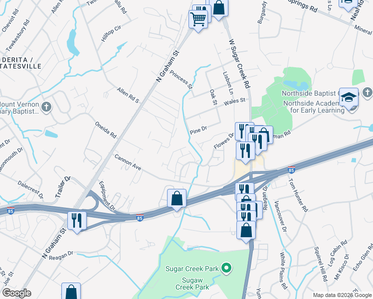 map of restaurants, bars, coffee shops, grocery stores, and more near 5200 Pine Drive in Charlotte