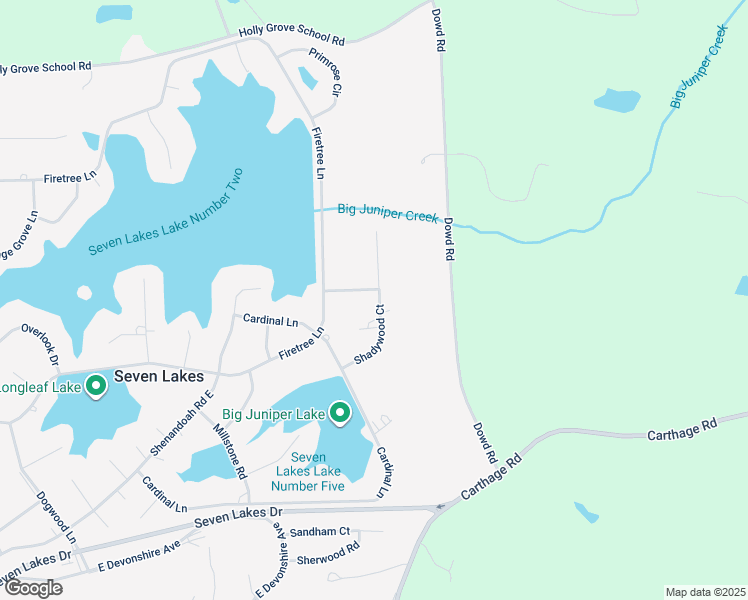 map of restaurants, bars, coffee shops, grocery stores, and more near 125 Shadywood Court in Seven Lakes