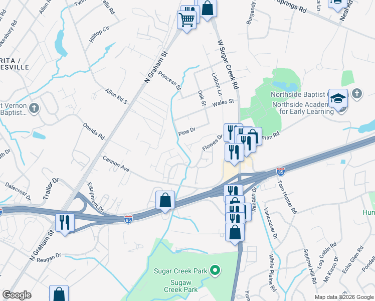 map of restaurants, bars, coffee shops, grocery stores, and more near 5230 Pine Drive in Charlotte