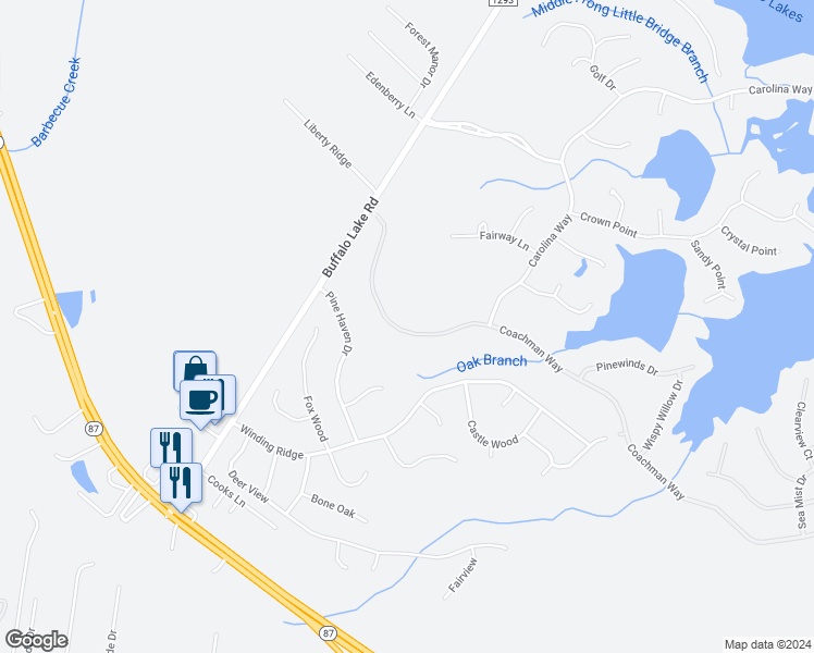 map of restaurants, bars, coffee shops, grocery stores, and more near 257 Coachman Way in Sanford
