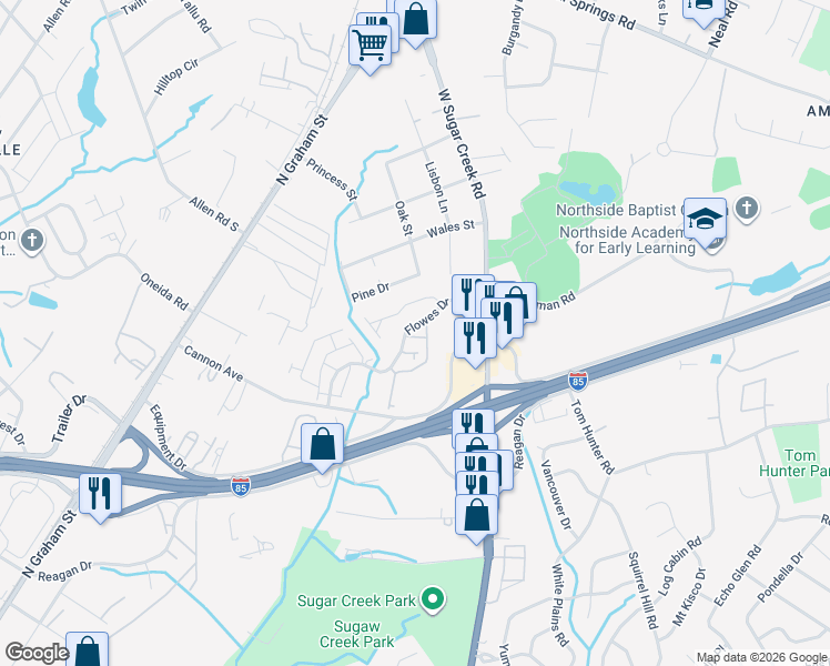 map of restaurants, bars, coffee shops, grocery stores, and more near 5125 Equipment Drive in Charlotte