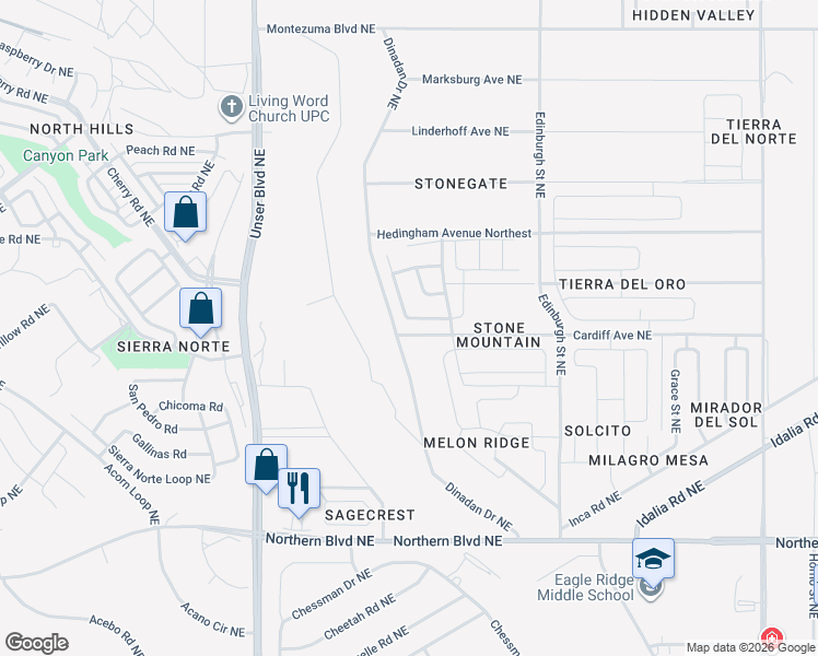 map of restaurants, bars, coffee shops, grocery stores, and more near Cardiff Avenue Northeast in Rio Rancho