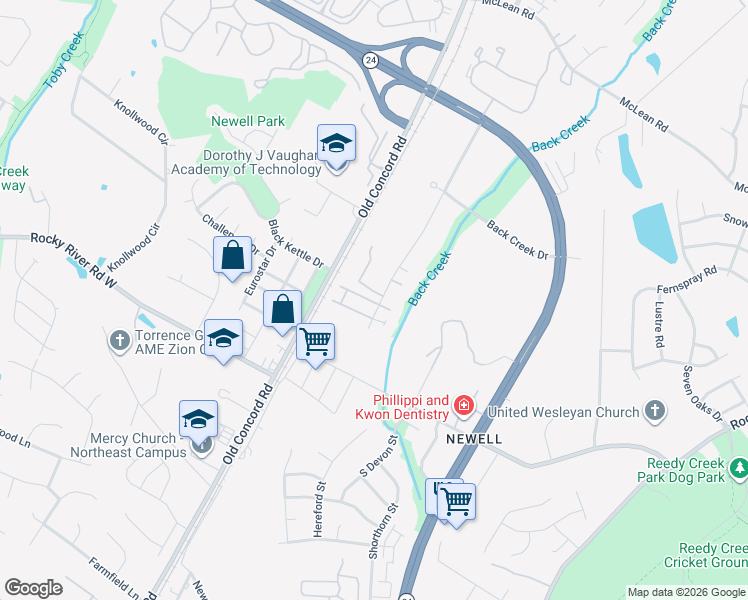 map of restaurants, bars, coffee shops, grocery stores, and more near 8408 University East Drive in Charlotte