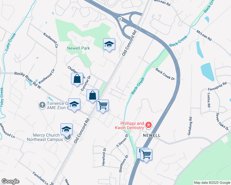 map of restaurants, bars, coffee shops, grocery stores, and more near 8401 University East Drive in Charlotte