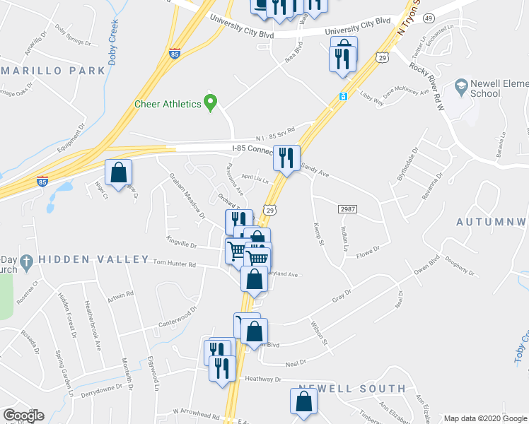 map of restaurants, bars, coffee shops, grocery stores, and more near 6801 North Tryon Street in Charlotte