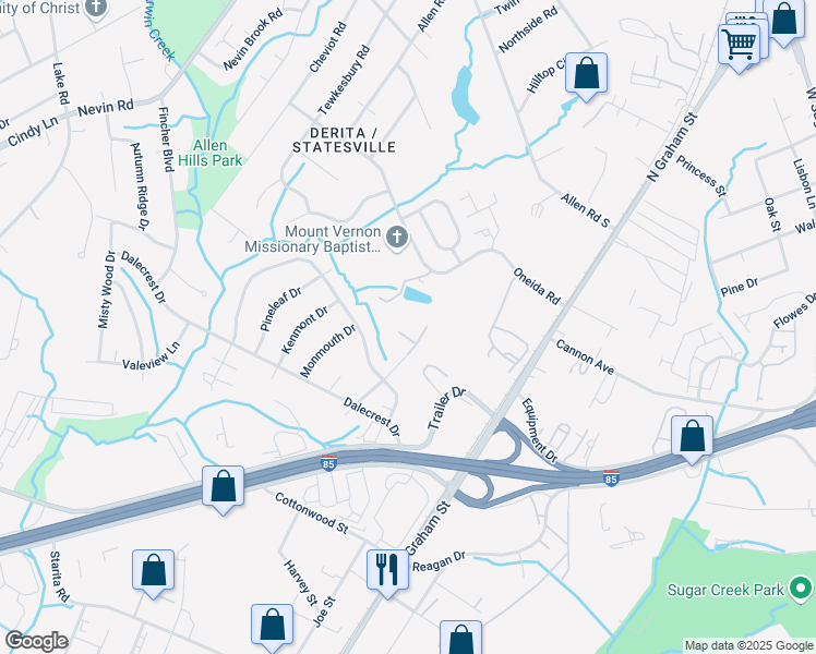 map of restaurants, bars, coffee shops, grocery stores, and more near 4820 Woodstone Drive in Charlotte