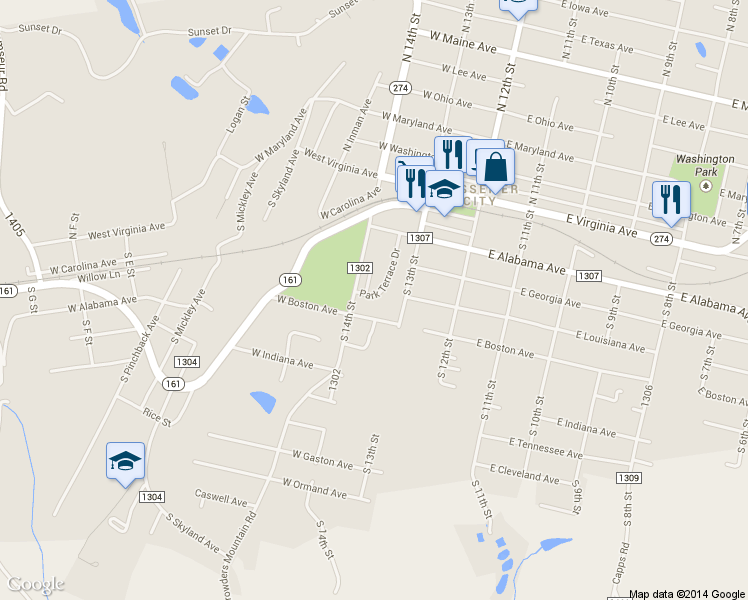 map of restaurants, bars, coffee shops, grocery stores, and more near 309 Park Terrace Drive in Bessemer City
