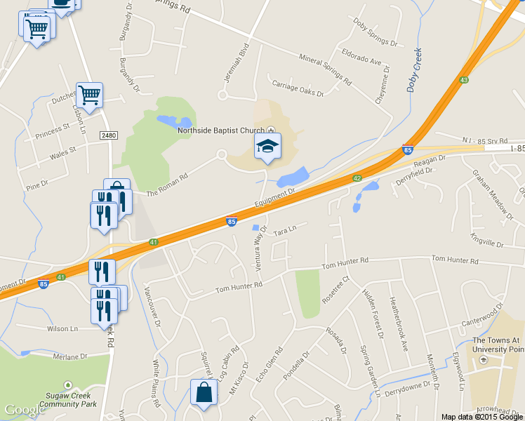 map of restaurants, bars, coffee shops, grocery stores, and more near Interstate 85 in Charlotte