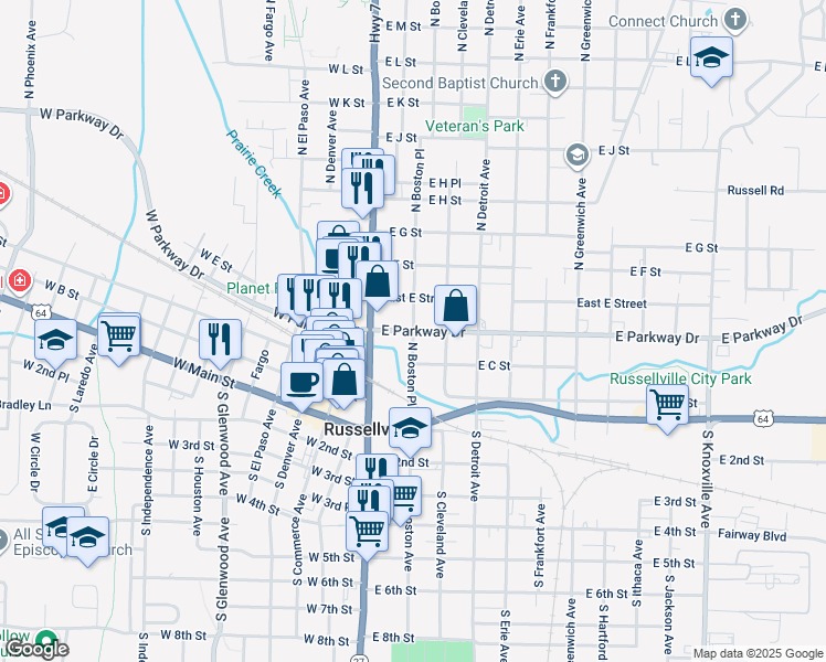 map of restaurants, bars, coffee shops, grocery stores, and more near 400 North Boston Place in Russellville